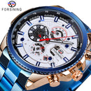 Forsining Mens Automatic Watch Blue Steel Band Calendar 3 Sub Dial Wristwatch Mechanical Waterproof Male Clock Relogio Masculino
