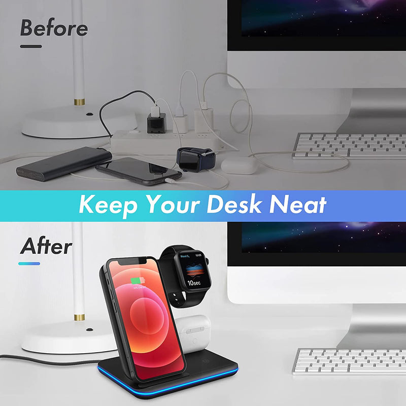 3 in 1 15W Fast Wireless Charger Dock Stand for iPhone 13 12 11 XS XR X 8 Apple Watch iWatch 7 6 Airpods Pro Qi Charging Station