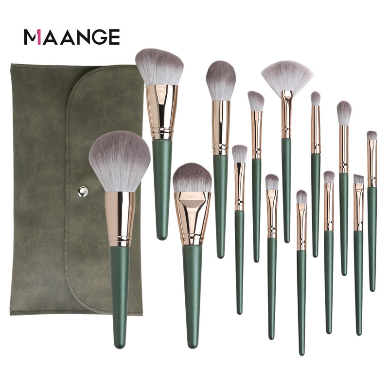 MAANGE 14pcs Makeup Brushes Set Green Large Loose Powder High Gloss Eyeshadow Foundation Contour Synthetic Hair Cosmetic Tools