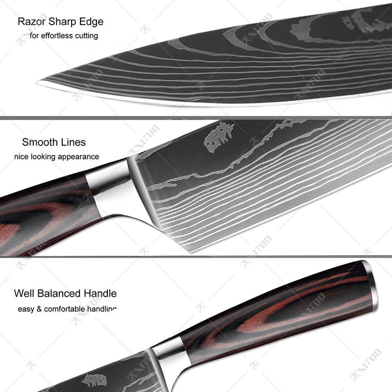 XITUO Kitchen Knife Japanese Knife Cooking Set 3&quot; 5&quot; 7&quot; 8&quot; inch+Laser Damascus Pattern Paring Fruit Vege Chef Knife Kitchen Tool