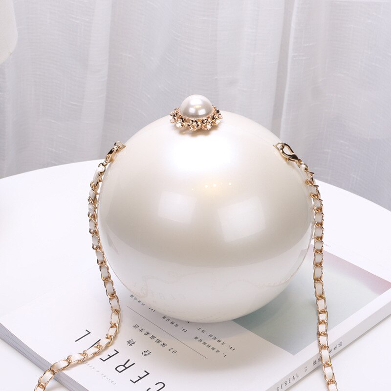 Pearl Acrylic Handbags Luxury Evening Clutches Round Party Prom Purses Personality Wedding Wallets Chain Bags Free Shipping