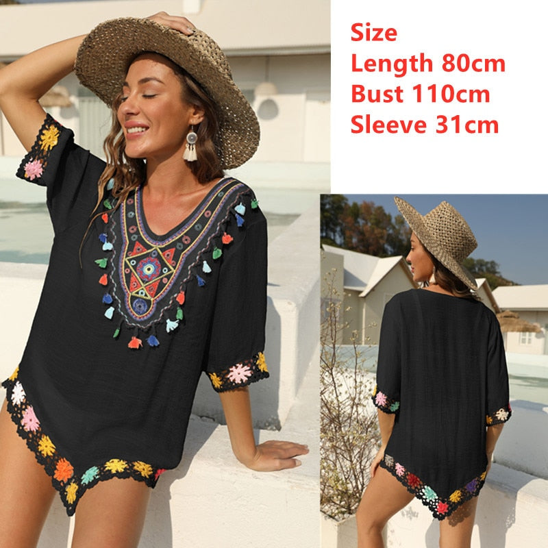 Vestido de playa negro para mujer túnicas Crochet flor traje de baño cubrir túnica blanca sólida 2022 verano ropa de playa Bikini Pareo Ups
