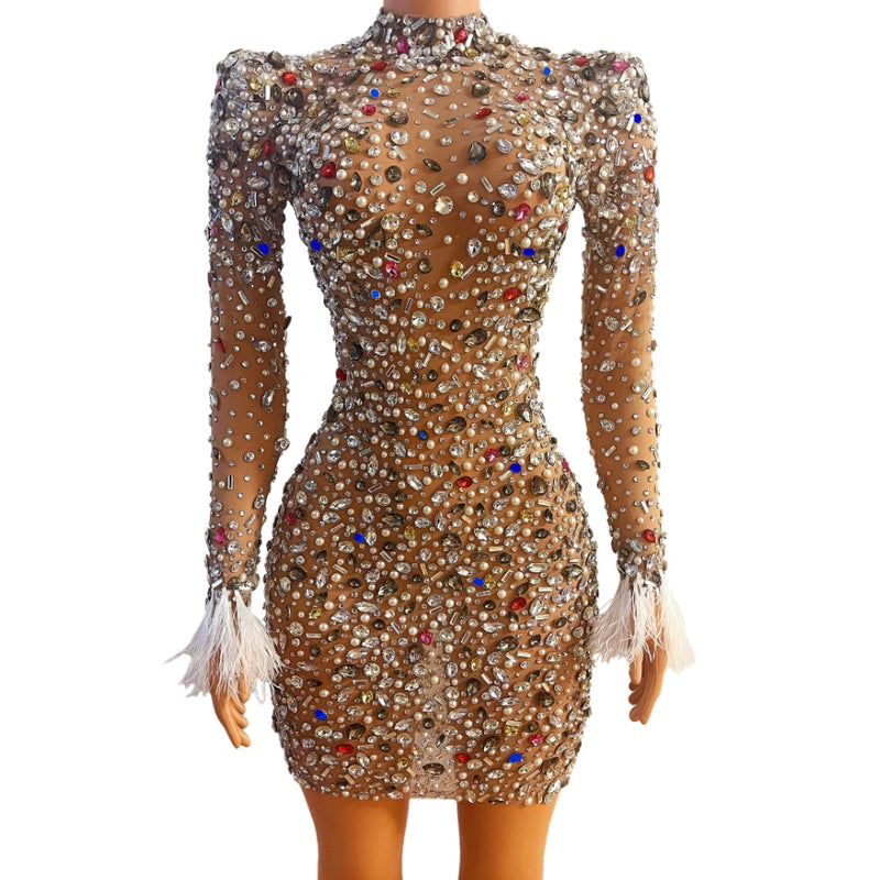 Sparkly Colorful Rhinestones Transparent Dress Prom Evening Sexy See Through Multicolor Crystals Costume Birthday Fether Sleeves