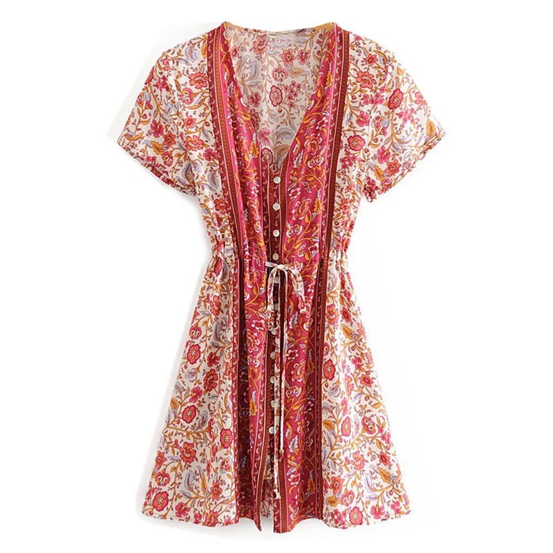 2020 Bohemia Camelia estampado Floral vestido de verano vacaciones mujer encaje hasta la cintura botón de un solo pecho vestidos de manga corta playa