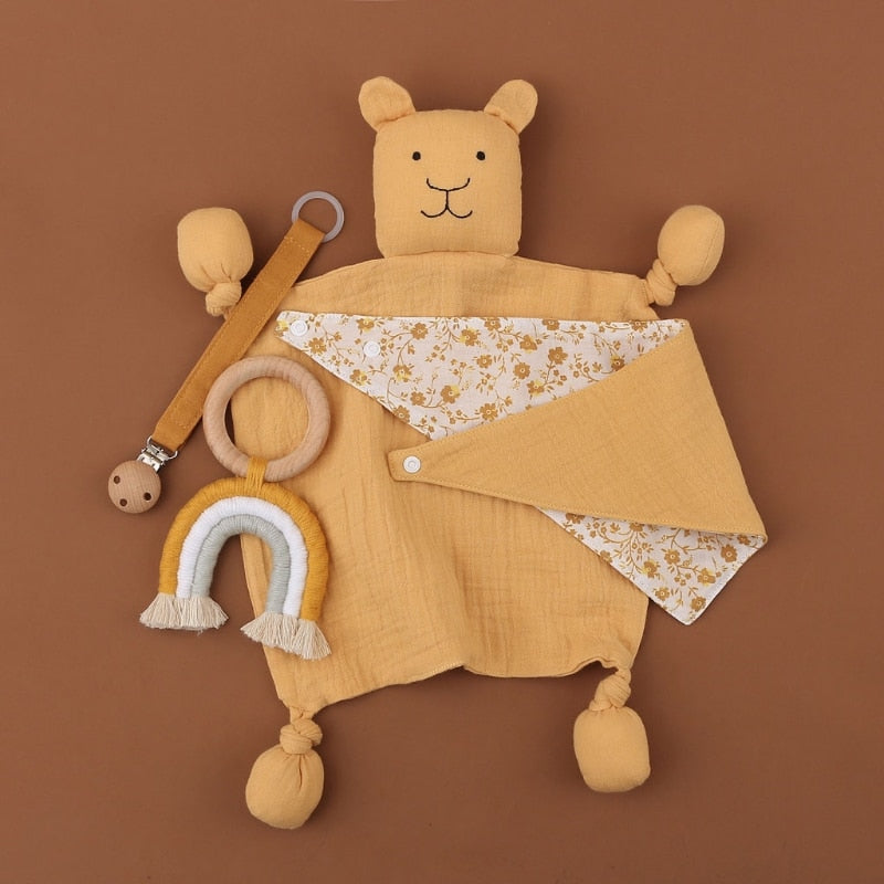 Baby-Silikon-Beißring aus Holz, Rassel, Spielzeug, doppelseitig, Baumwolle, Lätzchen, Schlafpuppen, beruhigen, beschwichtigen, Handtuch, Neugeborene, Krankenschwester-Zubehör