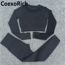 Yoga Set Women Fitness Gym Clothing Sport Suit Seamless Hollow Out Long Sleeve Crop Top High Waist Workout Leggings Sportwear