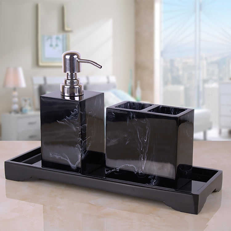 Black Marble Pattern Tray Resin Bathroom Set Toothbrush Holder Soap Dispenser Soap Dish Men&