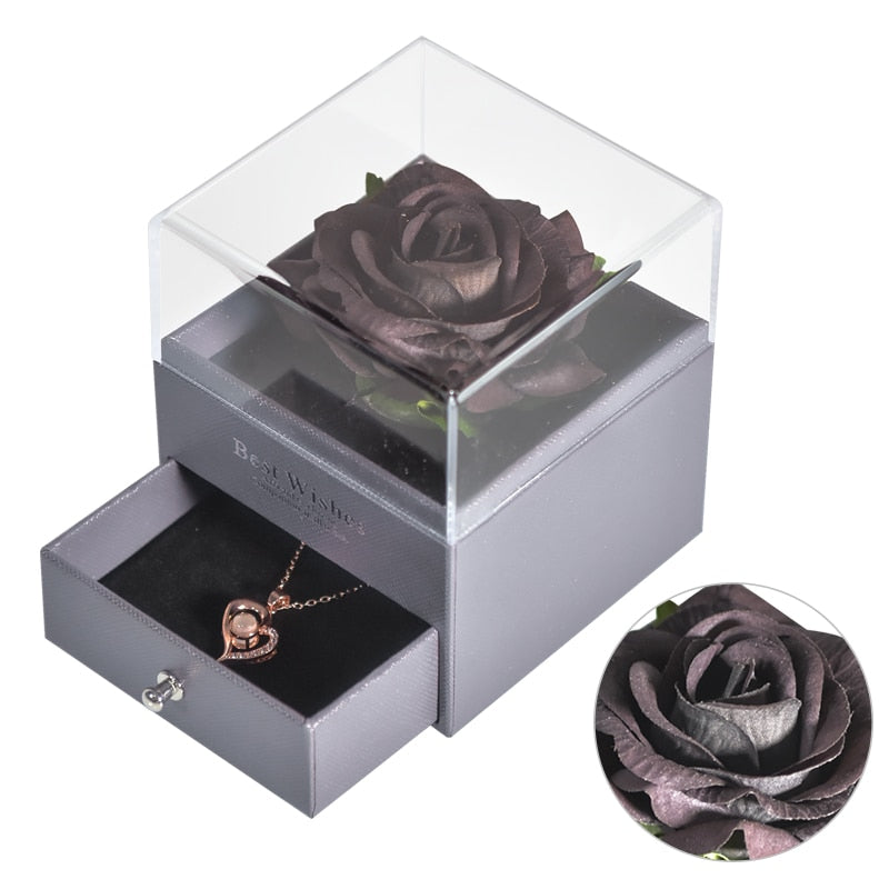 Schmuckschatulle mit natürlicher ewiger Rose zum Muttertag / mit 100 Sprachen, Liebeskette, konservierte Blumen, Vorschlagsring, Geschenk für sie