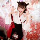 Japanese Dress Kimono Woman Black White Cat Embroidery Skirts Vintage Asian Clothing Yukata Haori Cosplay Party 2 Pieces Sets