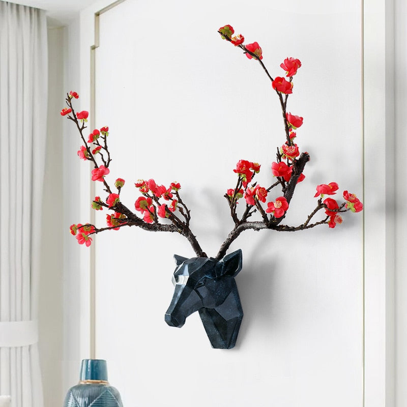 Deer head With Flower Antler 3d Wall Decor Modern Animal Hear home Decorations Abstract Sculpture wall Statue for Gift