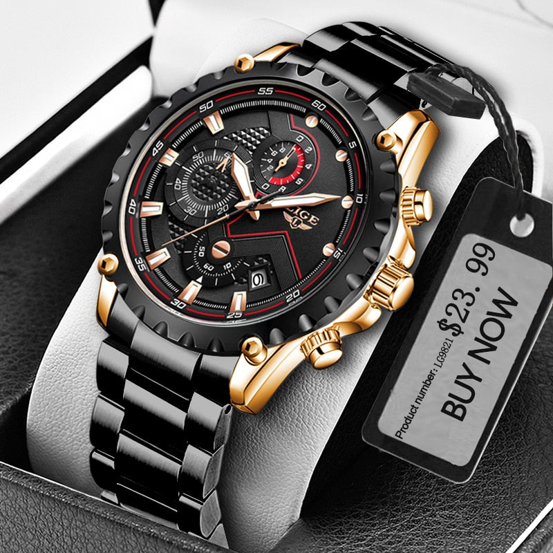 LIGE Fashion Mens Watches Top Luxury Brand Silver Stainless Steel 30m Waterproof Quartz Watch for Men Army Military Chronograph