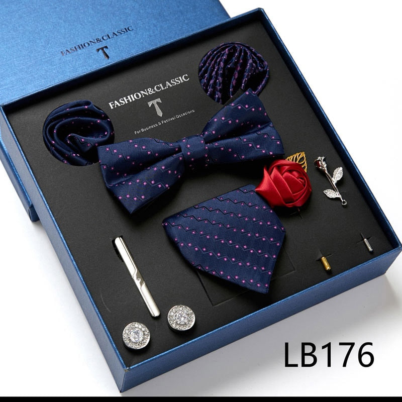 Envío Gratis, conjunto de corbata para hombre, caja de regalo de lujo, conjunto de corbata de seda, 8 Uds., embalaje interior, regalo festivo, pañuelos de bolsillo