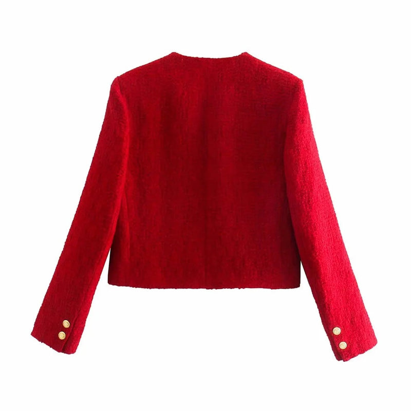 Conjunto de dos piezas de Tweed xikom 2021 para mujer, chaqueta roja Vintage con cuello redondo de manga larga para oficina para mujer, chaqueta ajustada para mujer, traje con falda de cintura alta
