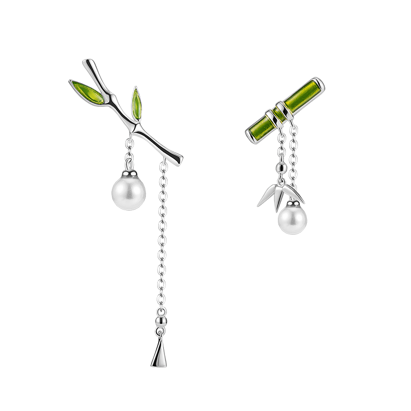 Pendiente de esmalte Thaya para mujer, pendiente de bambú verde, colgante con perla, bonitos pendientes Retro para mujer, pendiente de plata, joyería de moda