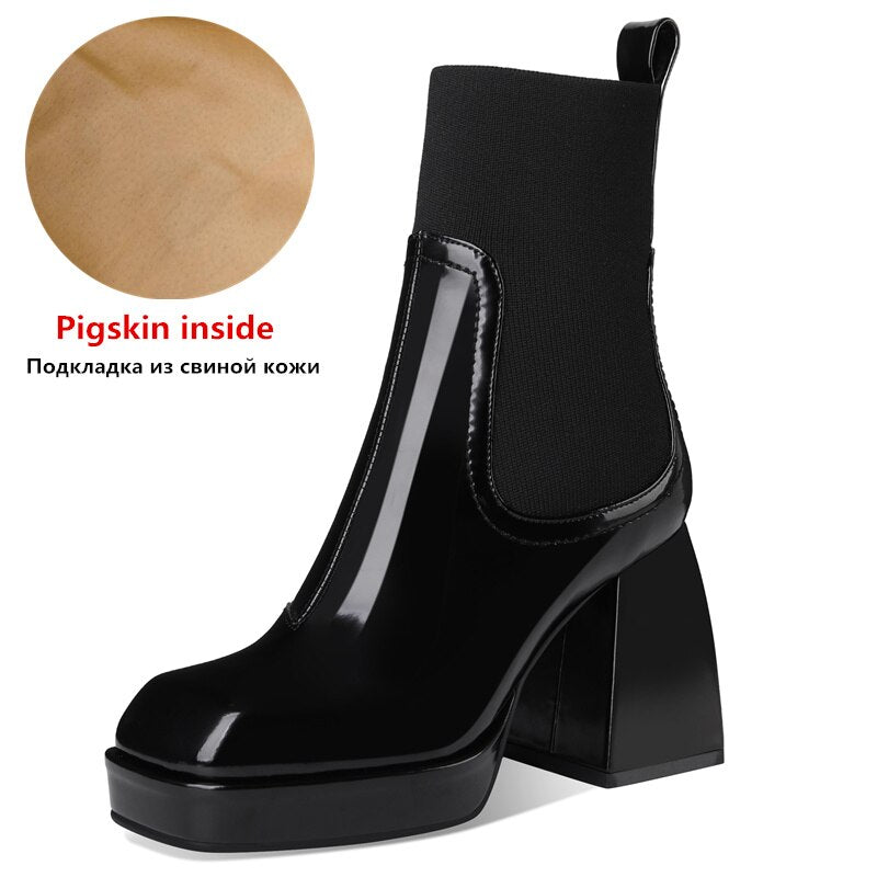 MORAZORA Nature Full Genuine Leather Chelsea Boots Womne Tacones altos gruesos Punta cuadrada Primavera Otoño Botines para mujer Botas