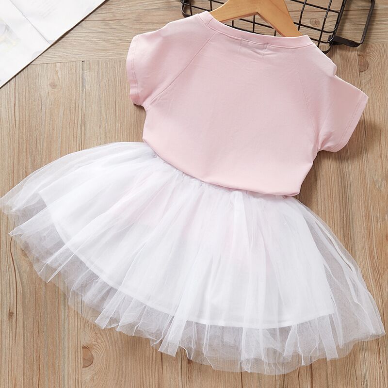 Vestido de princesa de verano para niñas, conjunto de 2 uds., camiseta con estampado de gato de dibujos animados, Top + falda tutú de malla, trajes para niños pequeños, ropa