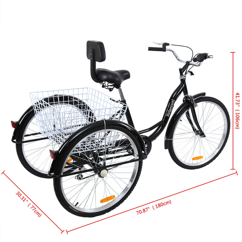 Ridgeyard 26" 24" Zoll Dreirad für Erwachsene Shopping Cargo 7-Gang-Fahrrad Dreirad Fahrrad Trike mit Korbwagen Rückenlehnenstütze