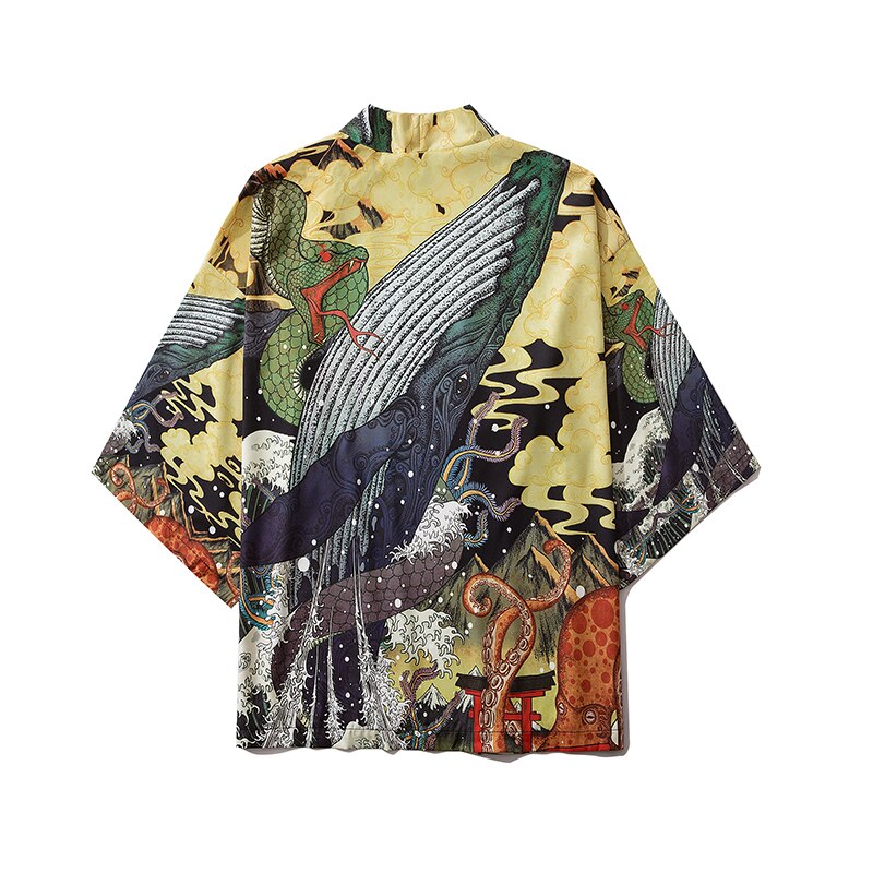 Bebovizi Fashion Japanese Anime Style Whale Print Kimono Women Cardigan Yukata Kimono Streetwear Men Loose Asian Clothing