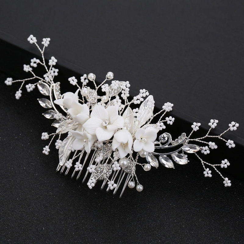 Peineta de perlas con diamantes de imitación y flores blancas, accesorios para el cabello de novia, peineta elegante para boda, adornos para la cabeza para mujer, diadema