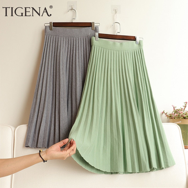 TIGENA Korean School Knit Midi Skirt Women Fashion 2021 Autumn Winter Casual Knee Length High Waist Pleated Skirt Female Green