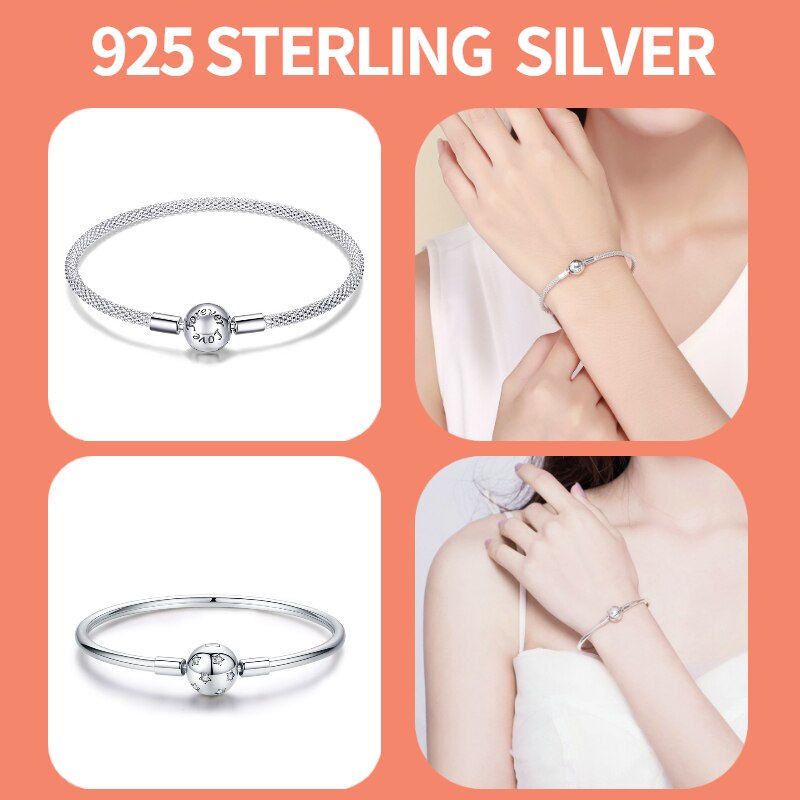 BISAER 925 Sterling Silver Pulseira Snowflake Bangles 925 Heart Snake Chain Clasp Femme Silver Bracelet For Women Jewelry