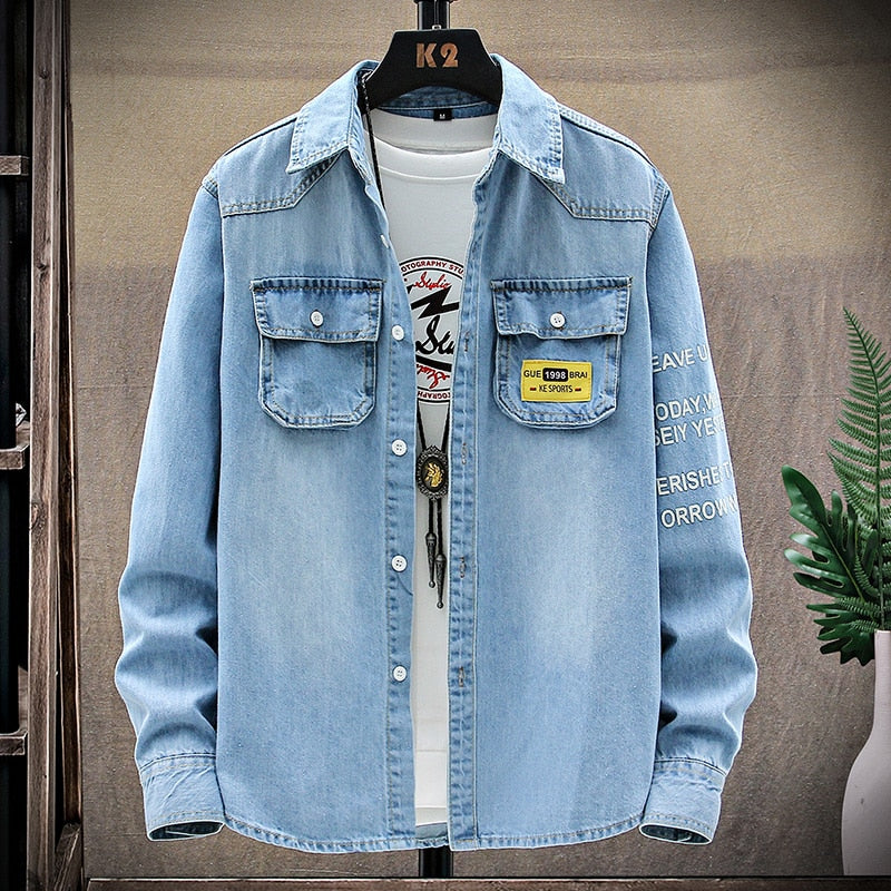 Denim Shirt Men Cotton Jeans Shirt Fashion Autumn Slim Long Sleeve Cowboy Shirt Stylish Wash Slim Tops Asian Size 3XL