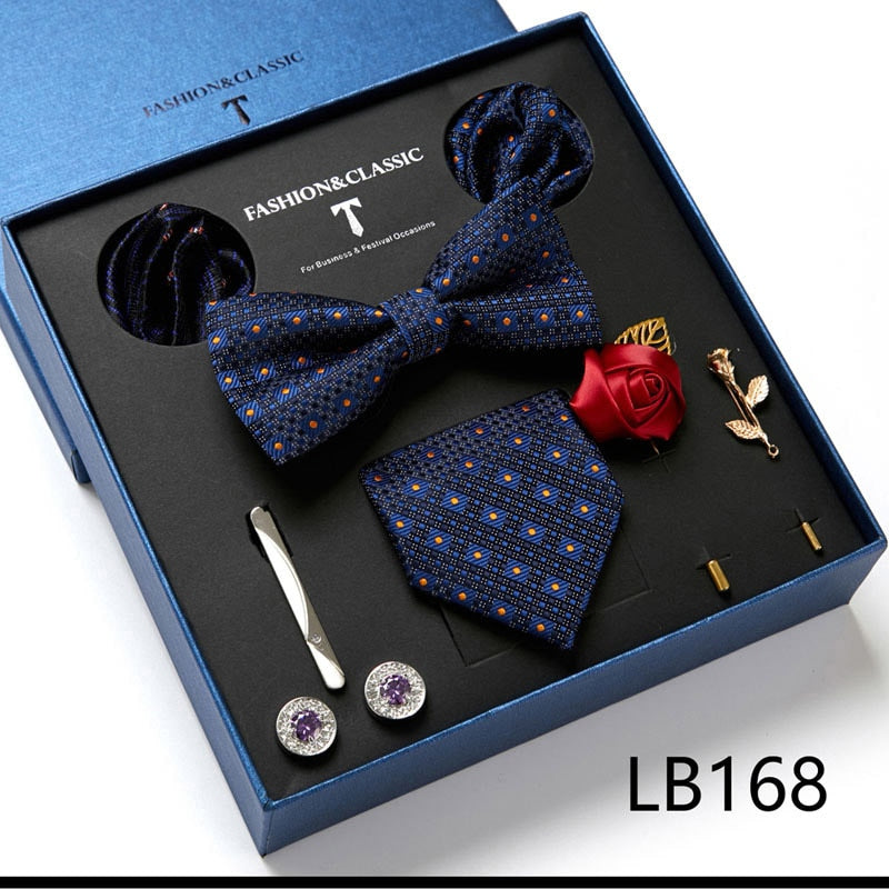 Envío Gratis, conjunto de corbata para hombre, caja de regalo de lujo, conjunto de corbata de seda, 8 Uds., embalaje interior, regalo festivo, pañuelos de bolsillo