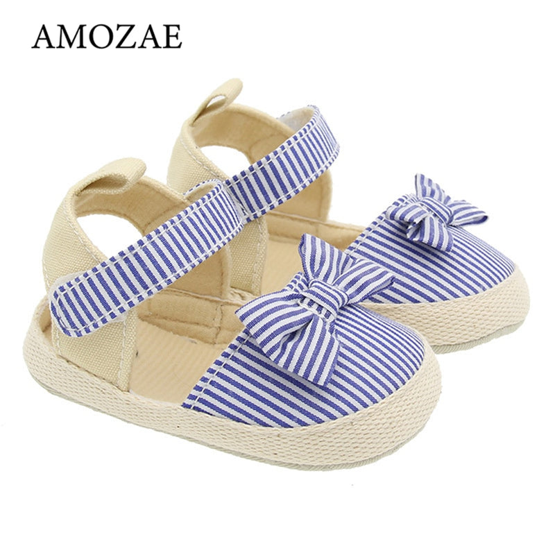 2023 Children Summer Shoes Newborn Infant Baby Girl Soft Crib Shoes Infants Anti-slip Sneaker Striped Bow Prewalker 0-18M