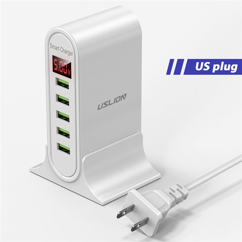 USLION USB Charger 5 Port LED Display Multi USB Phone Desktop EU US UK Plug With Digital Display Travel Wall Charger Adapter