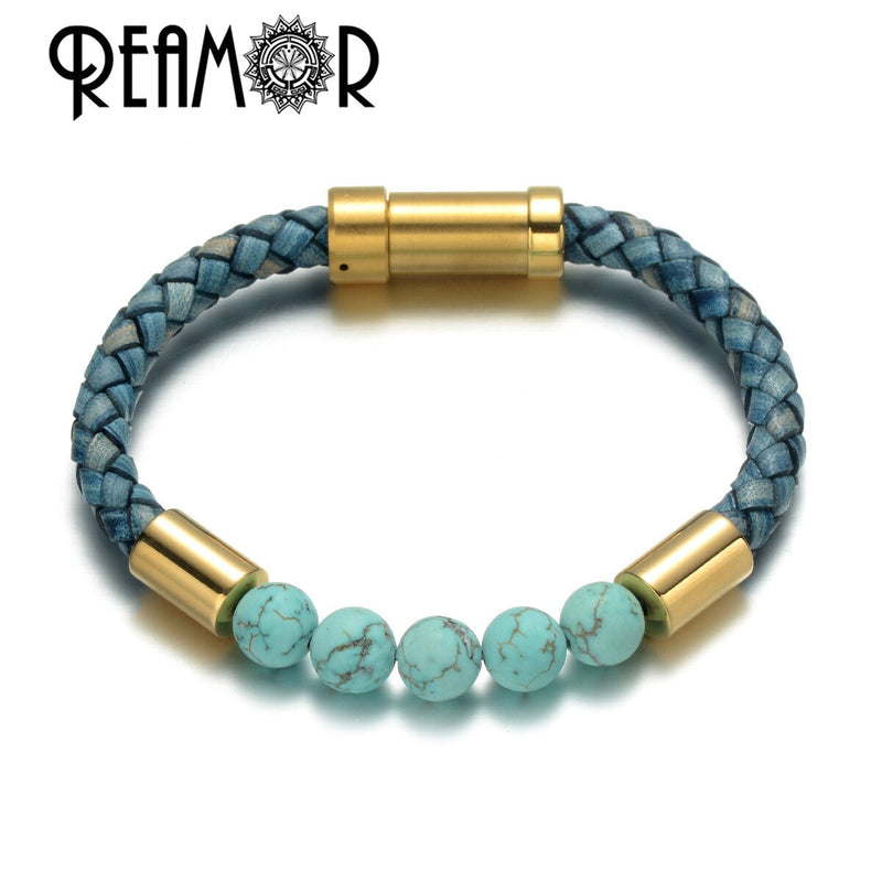 REAMOR, pulseras de cuero trenzado con piedra Natural verde y negro para hombre, Color dorado, acero inoxidable 316L, brazalete con cierre integrado, joyería