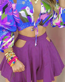 2021 Women New Colorblock Lantern Sleeve Crop Top &amp; Cutout Plain Shorts Set Summer Casual Sexy Hollow Out Shirt 2PCS Suit Sets