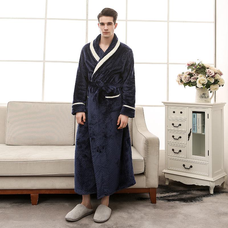 Men Plus Size 3XL Flannel Kimono Bath Gown Ultra Long Large Robe Coral Fleece Nightgown Lovers Couple Thick Warm Sleepwear MR001