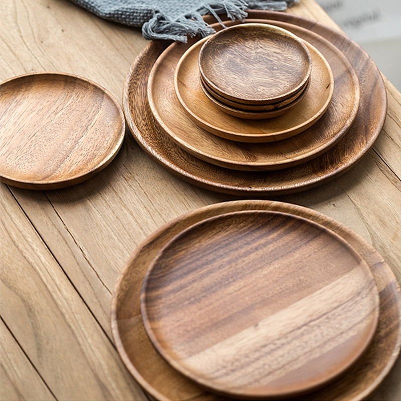 Natural Wooden Round Plates Handmade Dessert Fruit Bread Plate Dish Tray Snacks Dish Soup Dishes Tea Tray Tableware Does not fad