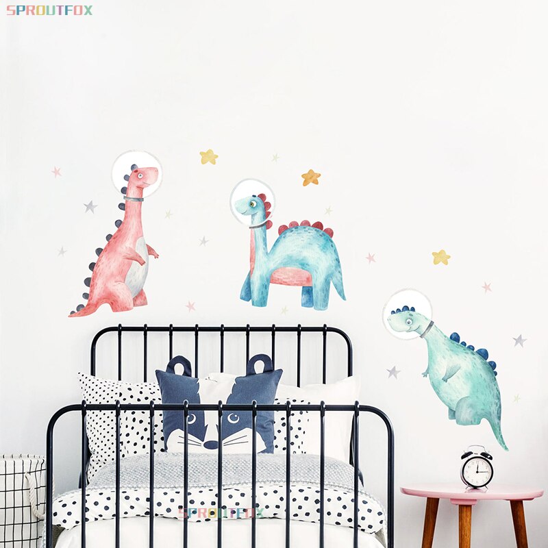 Cartoon Animals Dinosaur Astronaut Wall Sticker for Baby Kids Room Star Decals Bedroom Background Wallpaper Home Decoration