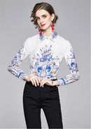Sommer Damen Schlanke Blusen Tops Barock Print Runway Langarm Shirt Damen Kragen Elegante Vintage Büro Shirts Arbeitskleidung