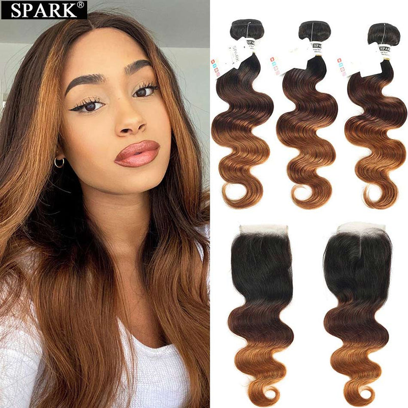 Spark Ombre Brazilian Body Wave 100% Human Hair 4x4 Lace Closure With Bundles Remy Hair Weaves Extension 3/4Bundles With Closure