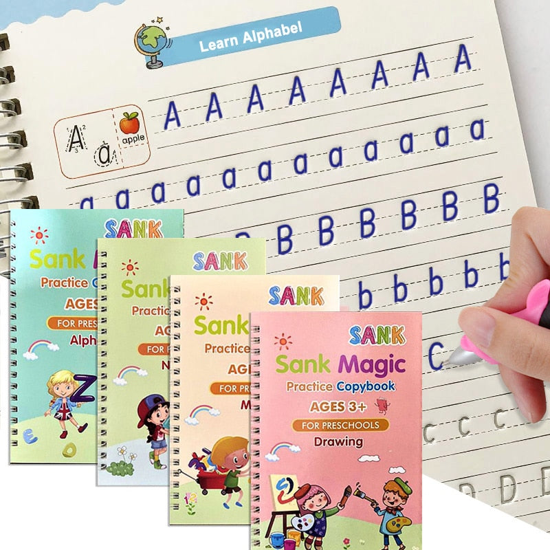 4 libros/juegos de libros mágicos para niños, cuadernos de caligrafía 3D reutilizables, cuadernos de práctica mágica con letras de números en inglés