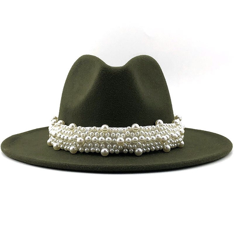 Sombreros de fieltro de lana Jazz para hombre y mujer, sombrero de fieltro con cinta de perlas de cuero, blanco, rosa, amarillo, sombrero de fiesta Formal Trilby de Panamá, 58-61CM