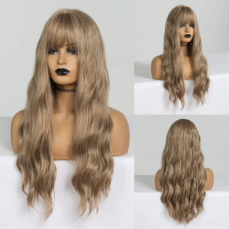 Peluca sintética GEMMA de largo ondulado marrón oscuro con reflejos dorados para mujeres negras, peluca de Cosplay afroamericana con flequillo resistente al calor
