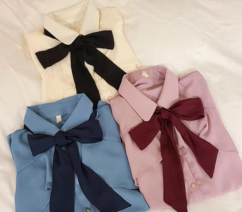 Ruffled Bow Tie Top Autumn Basic Office Lady Work Wear Flare Sleeve Cute Women Single Breasted Button Solid White Shirts Blouses