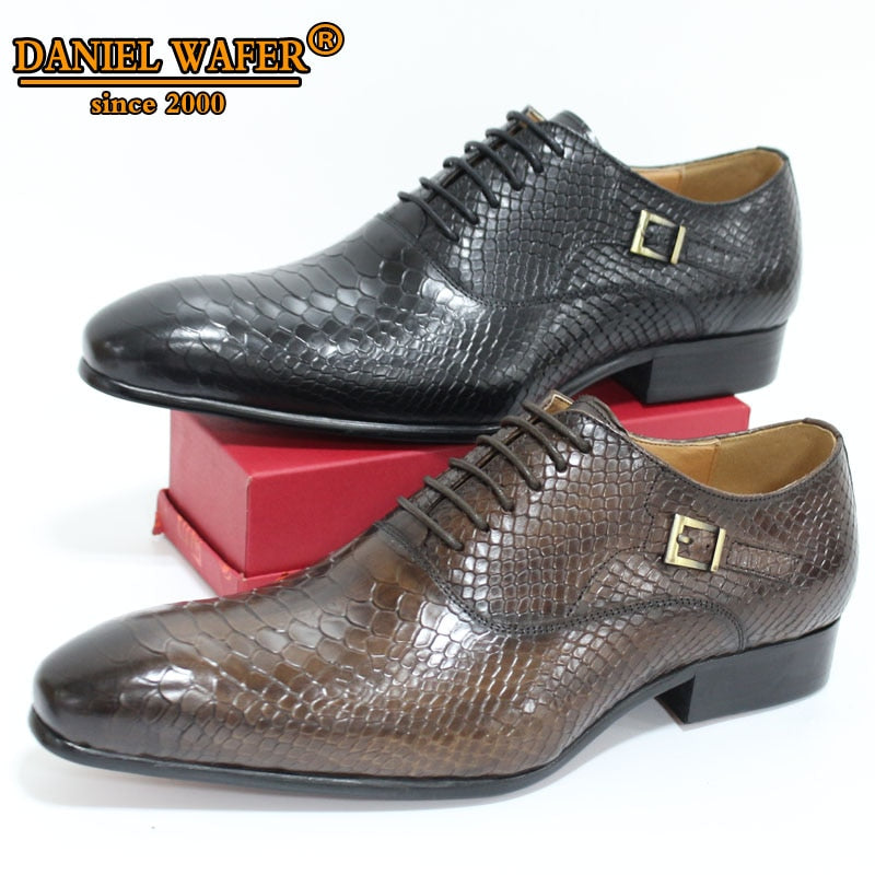 Zapatos Oxford de lujo para hombre, zapatos de cuero con estampado de piel de serpiente, zapatos de vestir de estilo clásico, zapatos formales de punta estrecha con cordones negros para café para hombre