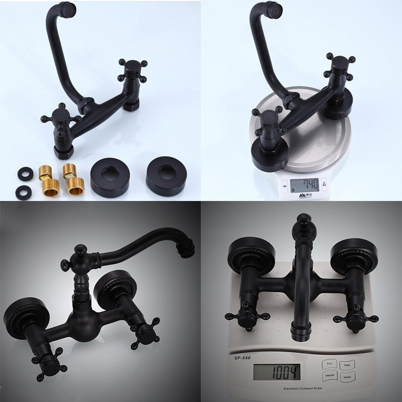 Wall Mounted Kitchen Faucets Black Wall Sink Faucet 2 Handle Hot Cold Water Mixer Tap ELM204