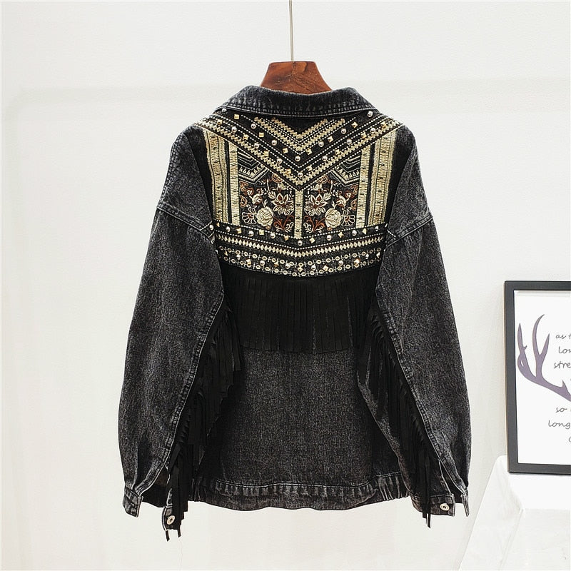 2023 Harajuku Jeansjacke Frauen Frühling Perle Blumen Quaste Streetwear Herbst Schwarz Jasjes Dames Lose Revers Langarm Mantel