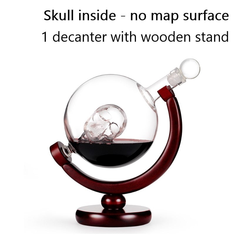 Whiskey Decanter Globe Wine Aerator Glass Set Sailboat Skull Inside Crystal with Fine Wood Stand Liquor Decanter for Vodka