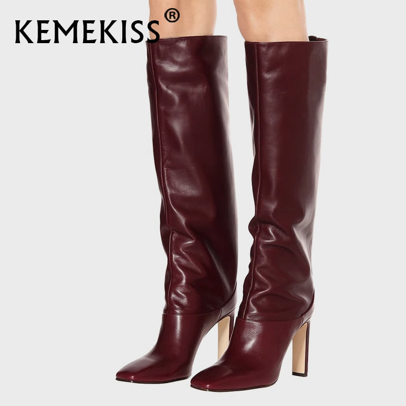 Botas KemeKiss de talla grande 34-43 hasta la rodilla para mujer, nuevo diseño de piel, zapatos cálidos de invierno, Botas de tacón alto a la moda para mujer, calzado para mujer