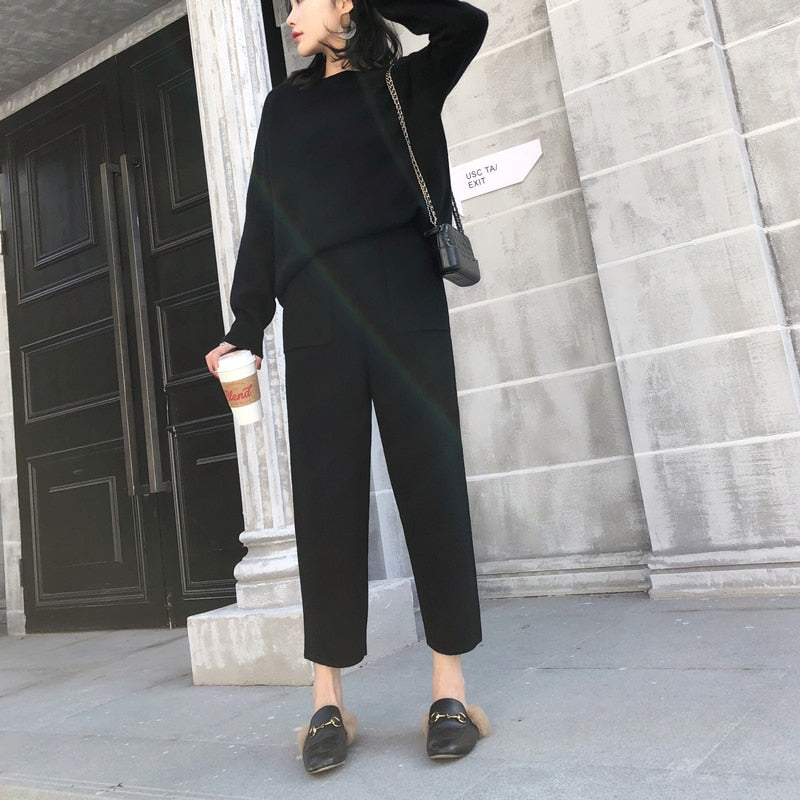 Knitted 2 pieces Set Tracksuits Women 2021 Autumn Winter Thick Warm O-neck Loose Sweater+Ankle-Length Pants Warm Cashmere Suit