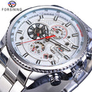 Forsining Mens Automatic Watch Blue Steel Band Calendar 3 Sub Dial Wristwatch Mechanical Waterproof Male Clock Relogio Masculino