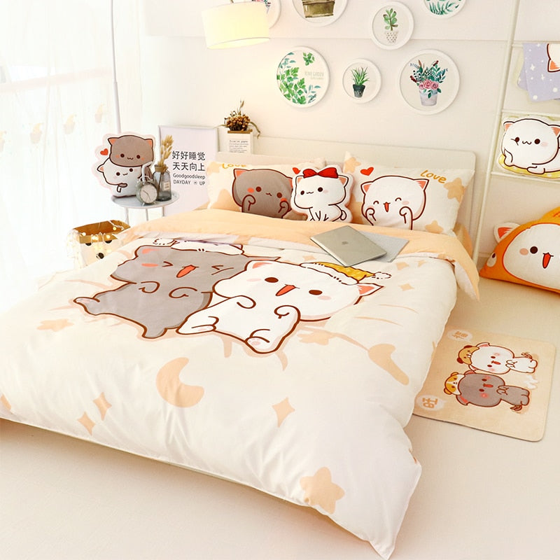 4-teiliges Set Kawaii-Katzen-Bettlaken, Baumwoll-Bettwäsche-Set, weicher Trösterbezug, Twin-Full-Queen-Size, für Mädchen-Bettlaken und Kissenbezüge