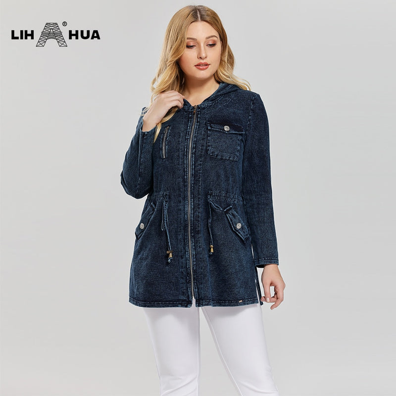 LIH HUA, chaqueta vaquera de talla grande para mujer, estilo largo informal para mujer, Chaquetas vaqueras de punto de algodón elástico Premium