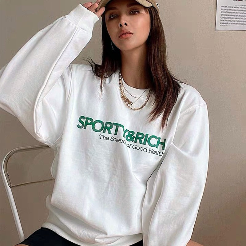 Calelinka American Vintage Style Letters Print White 80s 90s Women Pullover Round Neck Cotton Loose Sprot Lover Sweatshirts